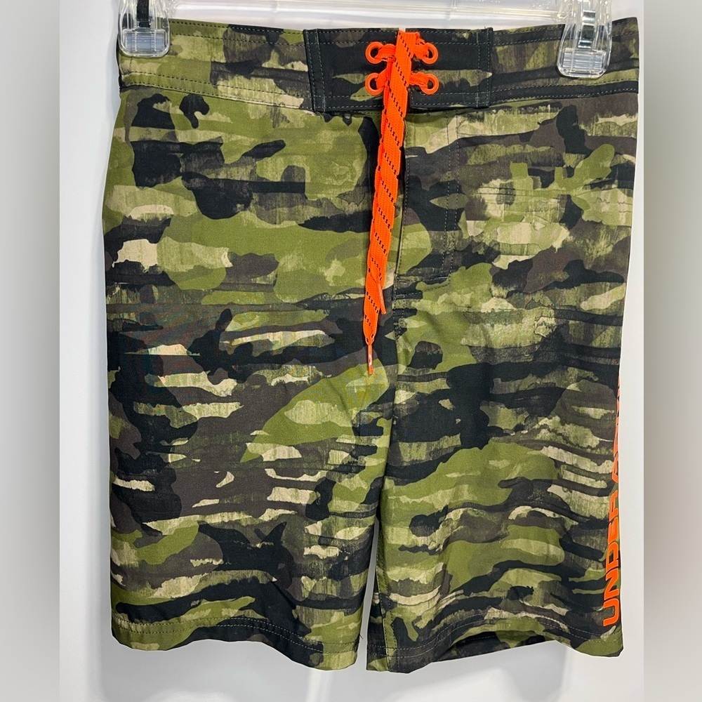 Under Armour Green Camo Swim Board Shorts with Orange Drawcord and Velcro